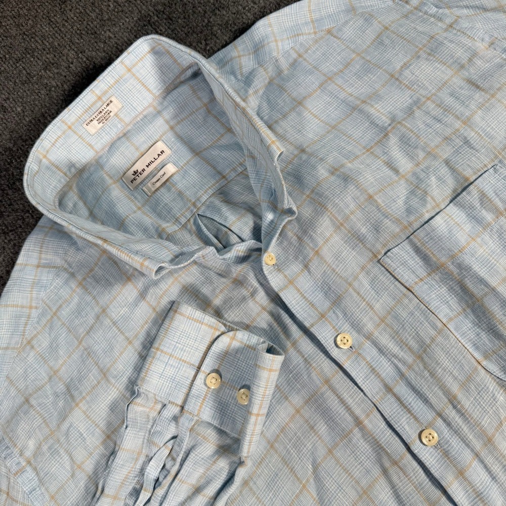 Peter Millar Crown Cool Linen Shirt Men XXL Blue Tan Windowpane MS17W49CSL #4357